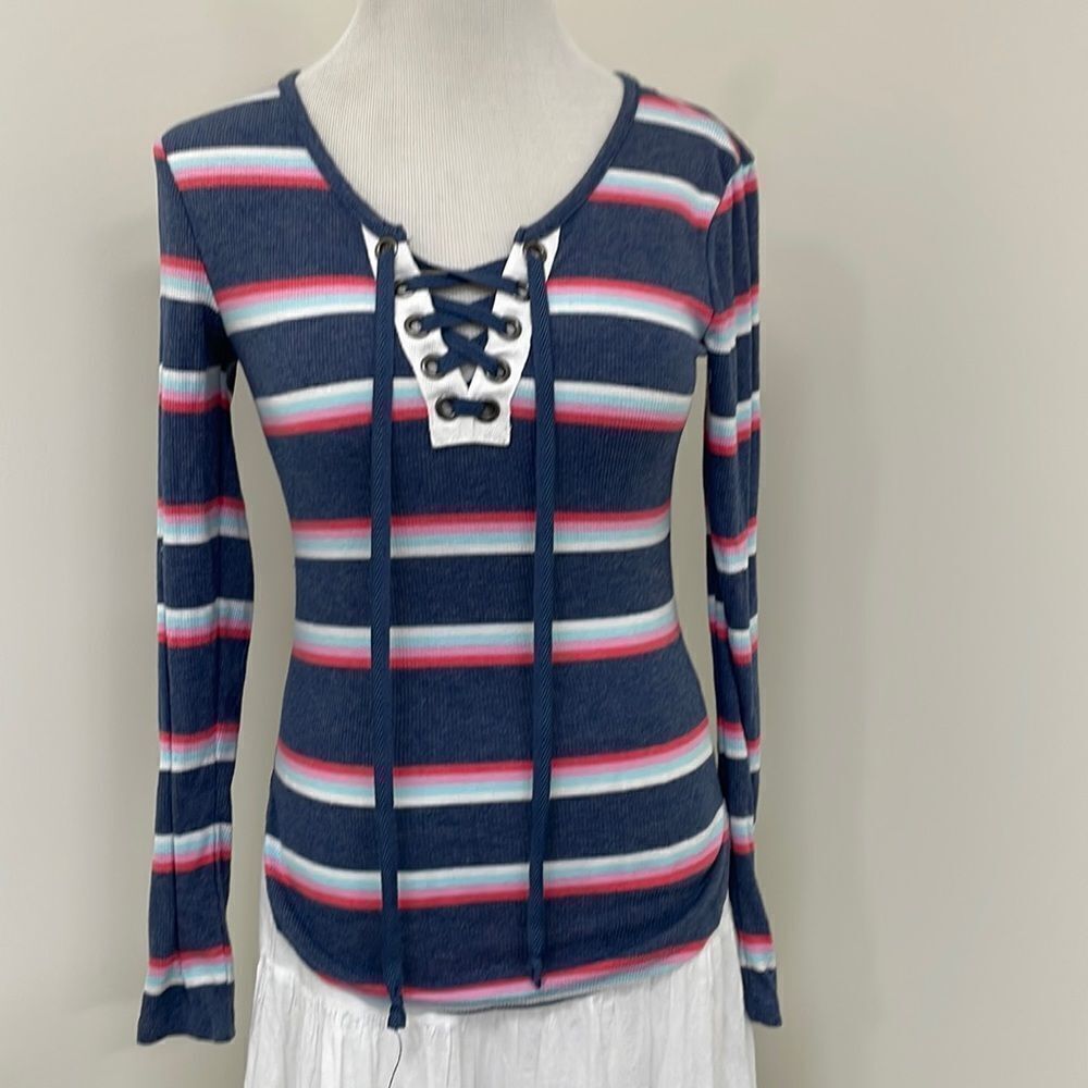 No boundary long sleeve ribbed striped top tie lace up 1/4 lace up XS 1